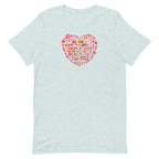 Be You floral heart of inspirational words on a staple t-shirt in heather prism ice blue, front view – Kate Spain design