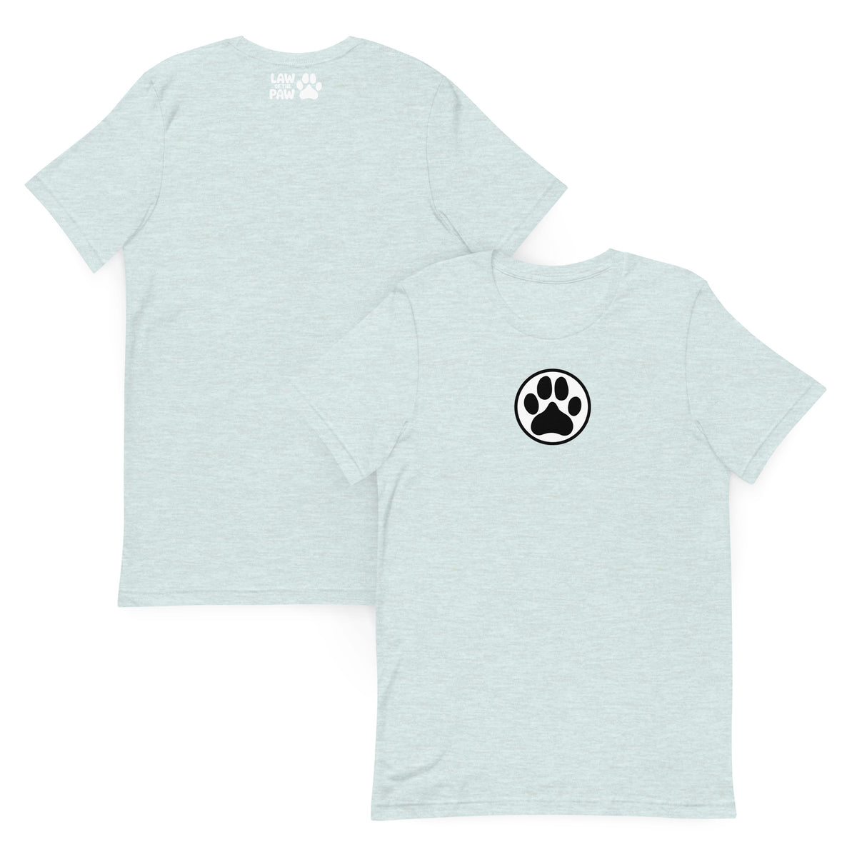 Law of the Paw® dog paw print on a t-shirt in heather prism ice blue, front and back view – Kate Spain design