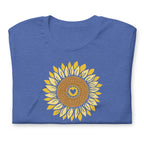 Golden sunflower with a heart center on a crewneck t-shirt in heather true royal, folded close-up of the design – Sunflowers in My Heart by Kate Spain