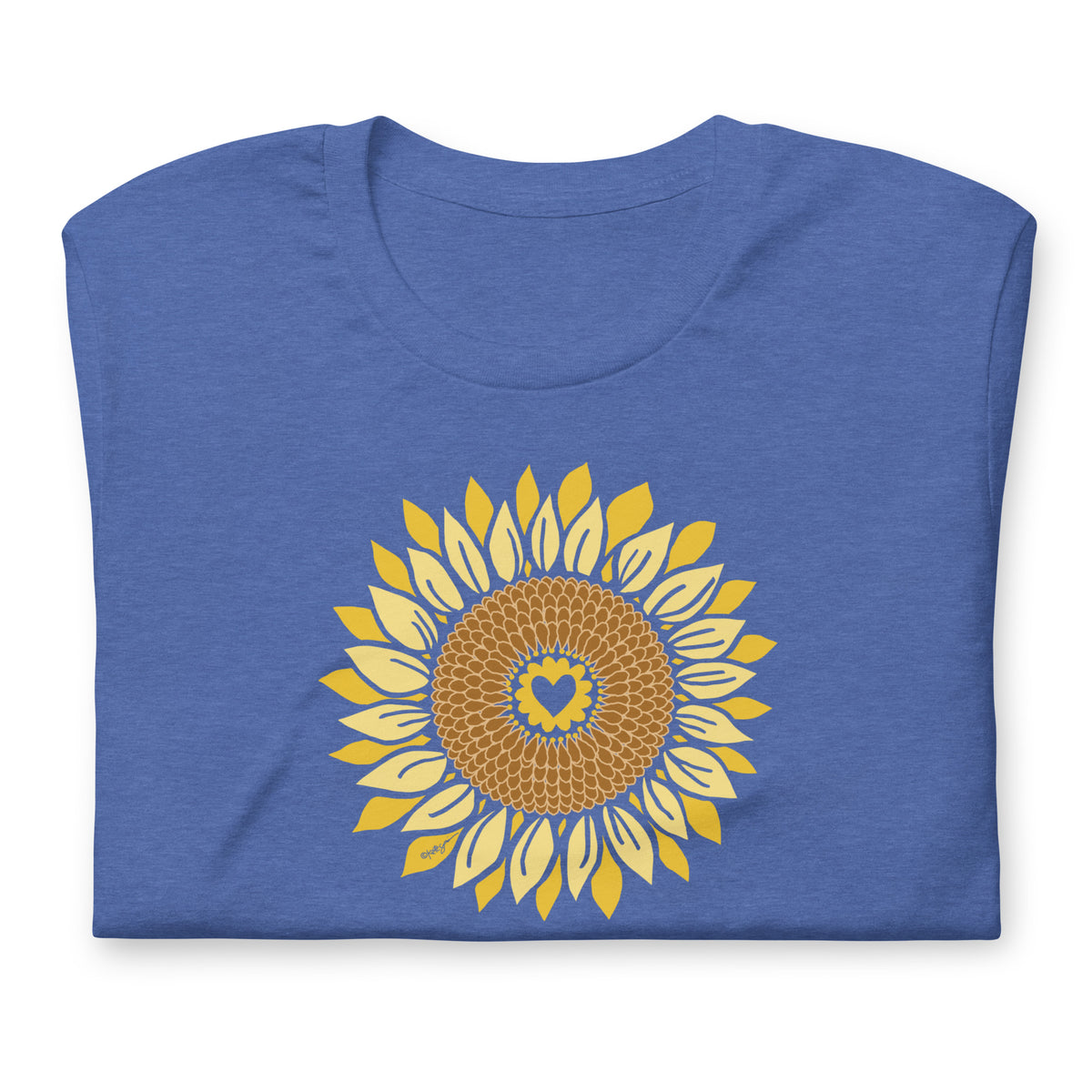 Golden sunflower with a heart center on a crewneck t-shirt in heather true royal, folded close-up of the design – Sunflowers in My Heart by Kate Spain