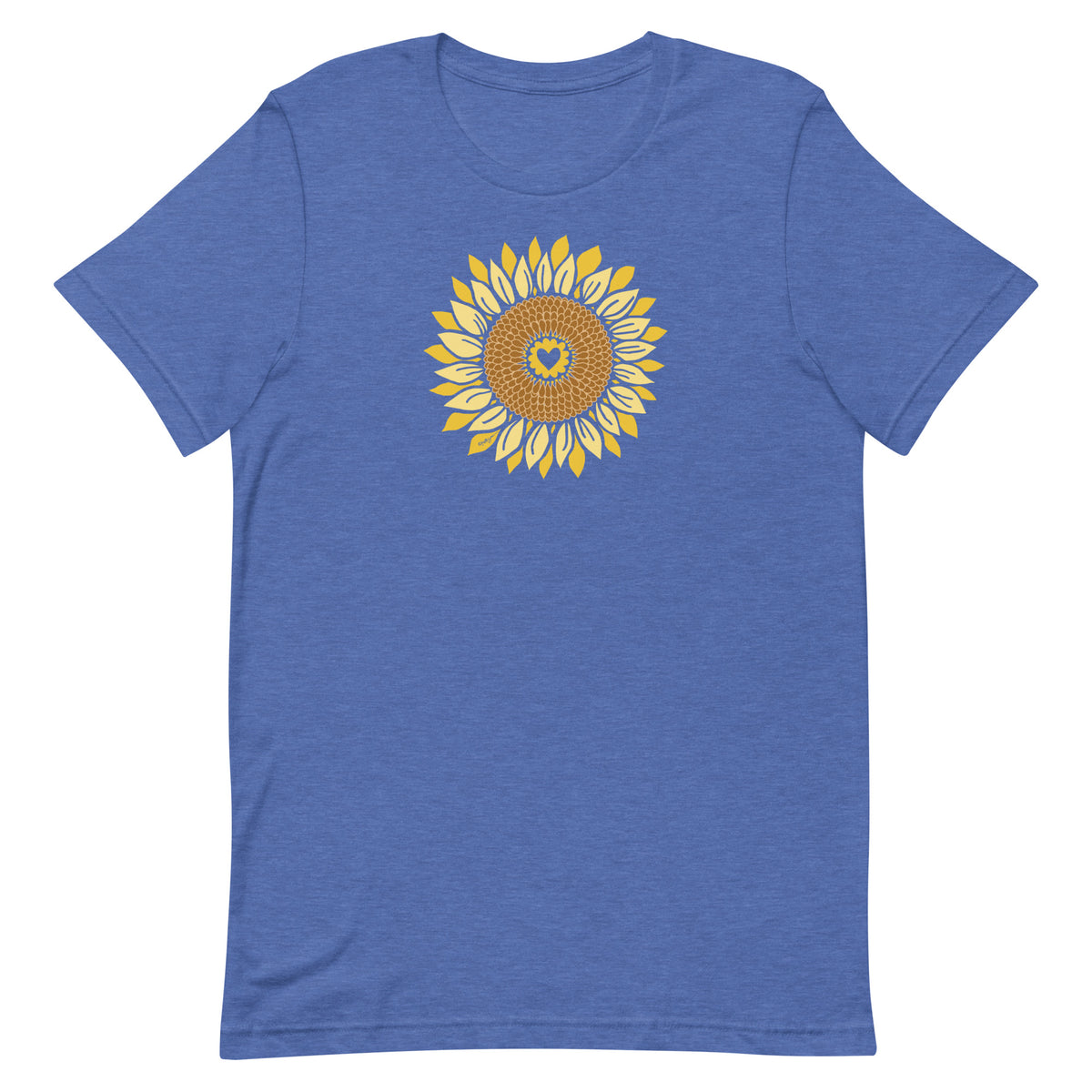 Golden sunflower with a heart center on a crewneck t-shirt in heather true royal, front view – Sunflowers in My Heart by Kate Spain