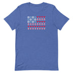 United We Quilt patchwork flag with quilt-block stars and heart stripes on a t-shirt in heather true royal, front view – Kate Spain design for Pat Sloan