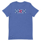 Firecracker quilt-block stars with script lettering in red, white and blue on a t-shirt in heather true royal, front view – Kate Spain design for Pat Sloan
