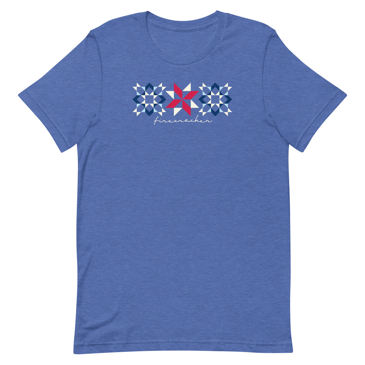 Firecracker quilt-block stars with script lettering in red, white and blue on a t-shirt in heather true royal, front view – Kate Spain design for Pat Sloan
