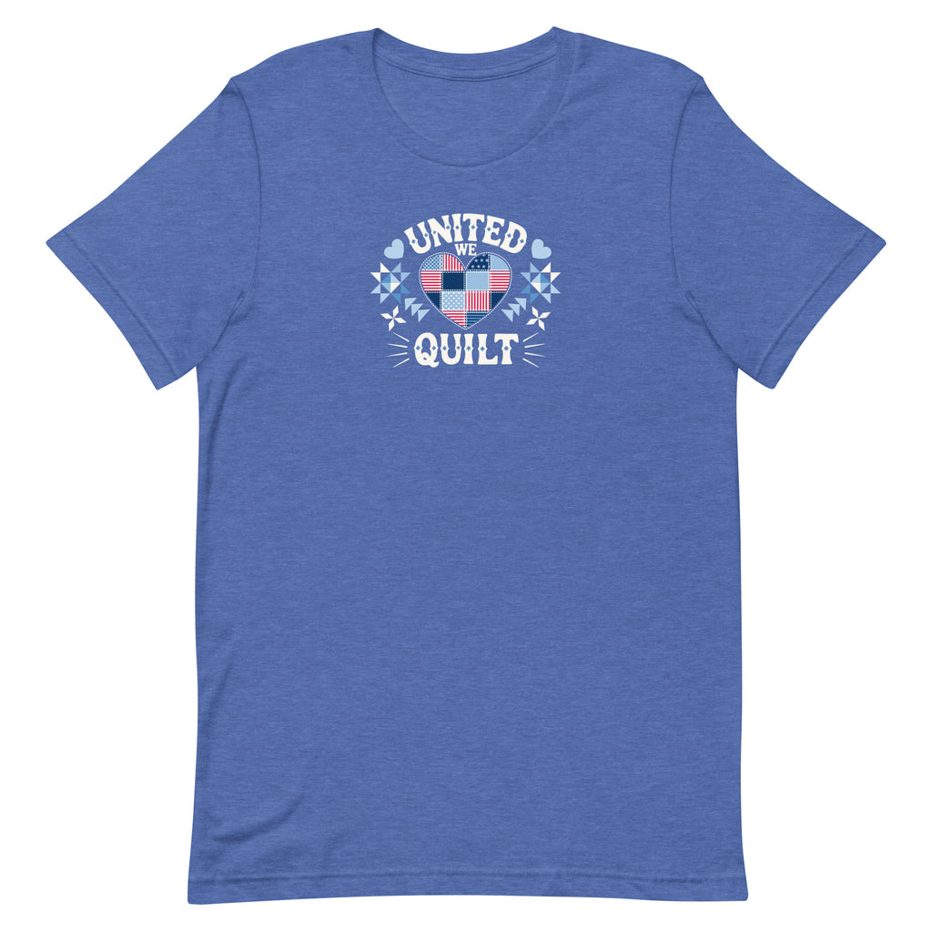 Quilters United quilt badge in red, white and blue on a t-shirt in heather true royal, front view – Kate Spain design for Pat Sloan