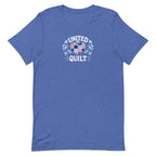 Quilters United quilt badge in red, white and blue on a t-shirt in heather true royal, front view – Kate Spain design for Pat Sloan