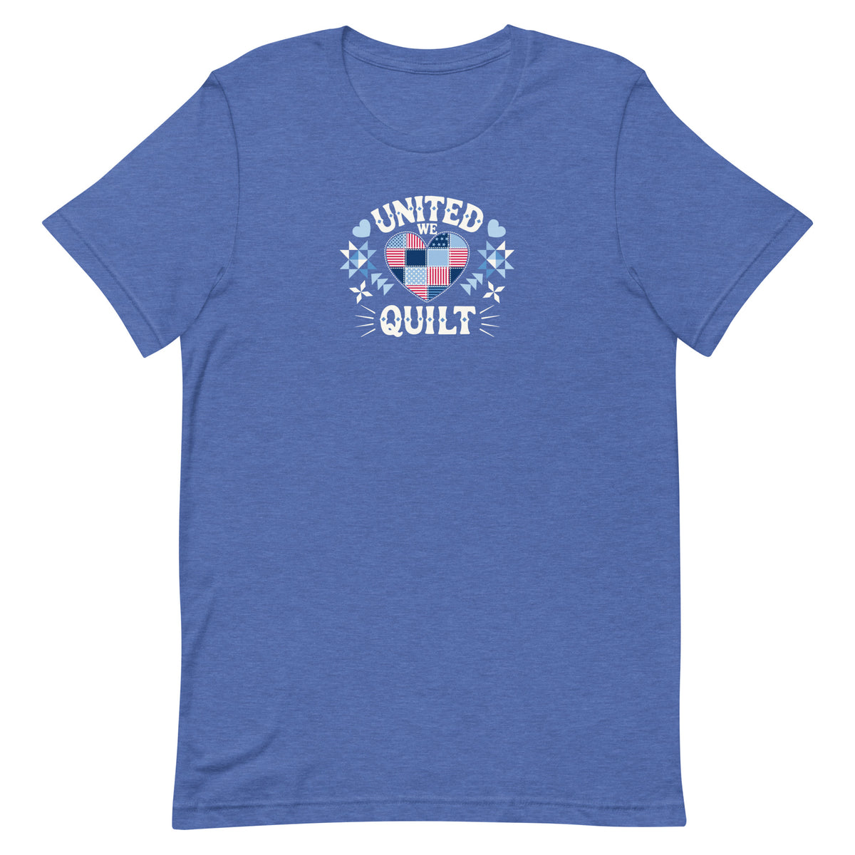 Quilters United quilt badge in red, white and blue on a t-shirt in heather true royal, front view – Kate Spain design for Pat Sloan