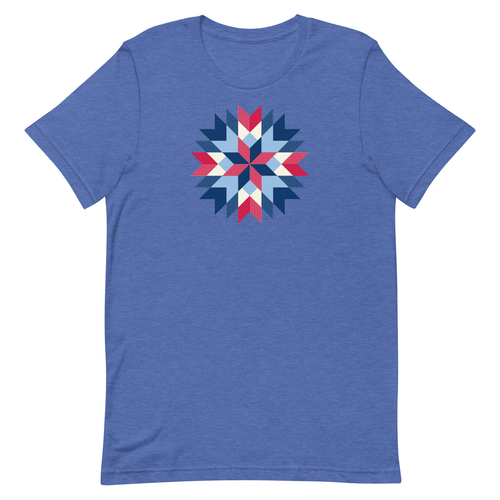 Barn Star quilt block in red, white and blue on a staple t-shirt in heather true royal blue, front view – Kate Spain design for Pat Sloan