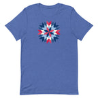 Barn Star quilt block in red, white and blue on a staple t-shirt in heather true royal blue, front view – Kate Spain design for Pat Sloan