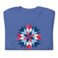 Barn Star quilt block in red, white and blue on a staple t-shirt in heather true royal blue, folded close-up of the design – Kate Spain design for Pat Sloan