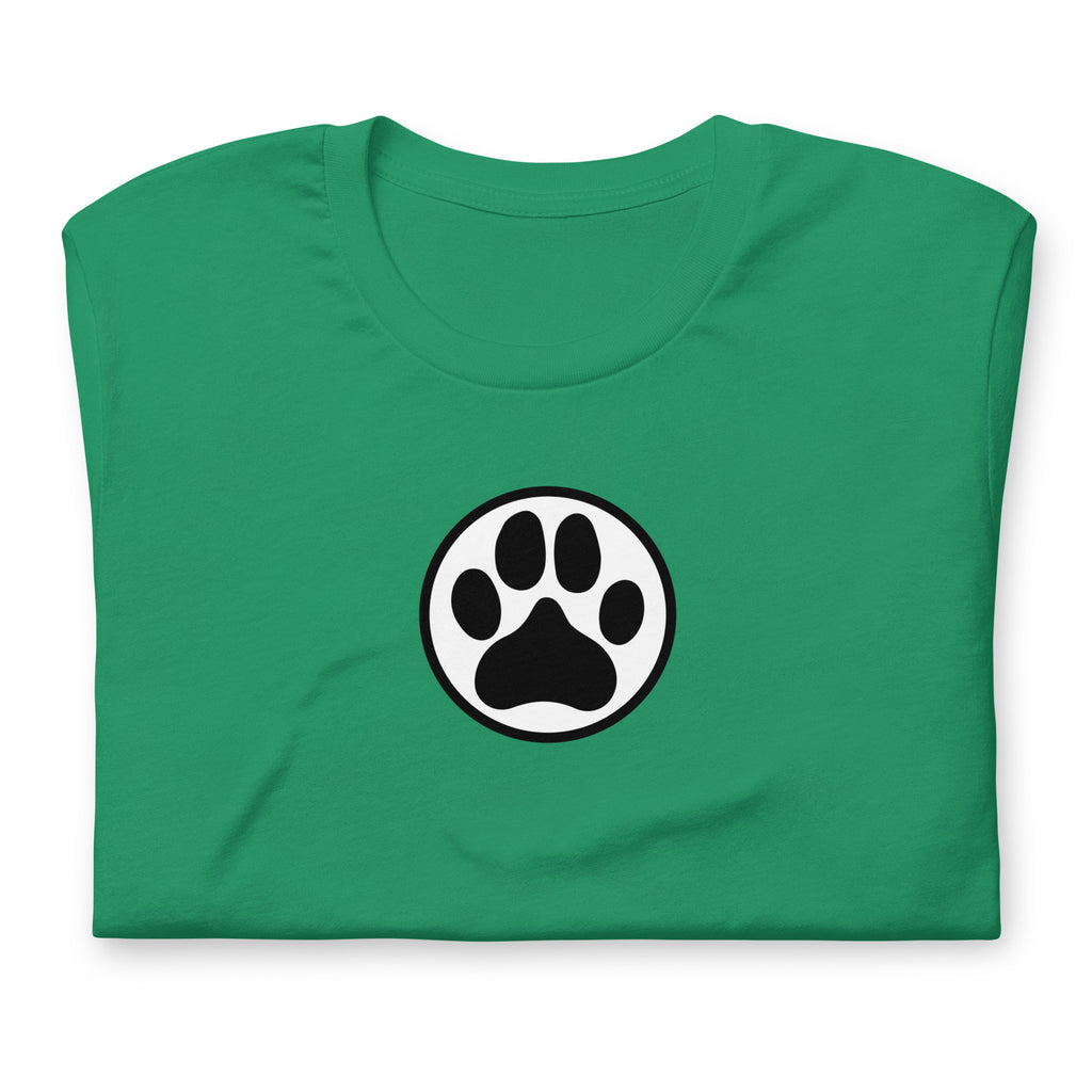 Law of the Paw® dog paw print on a t-shirt in kelly green, folded close-up of the design – Kate Spain design