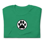 Law of the Paw® dog paw print on a t-shirt in kelly green, folded close-up of the design – Kate Spain design