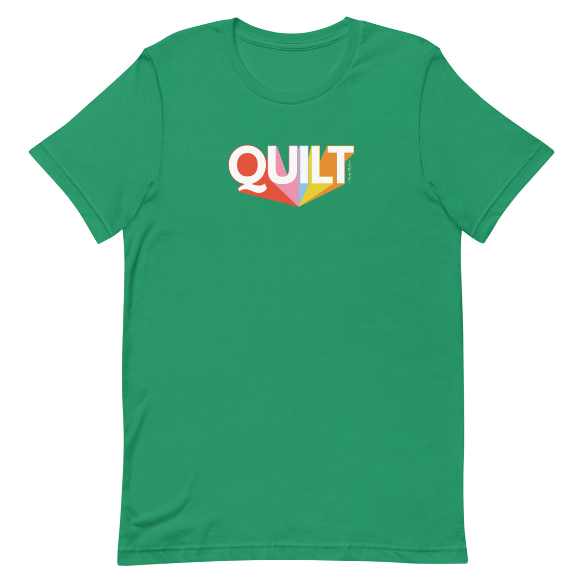 Moda QUILT logo with orange, pink, blue and yellow rays on a staple t-shirt in kelly green, front view – Kate Spain design
