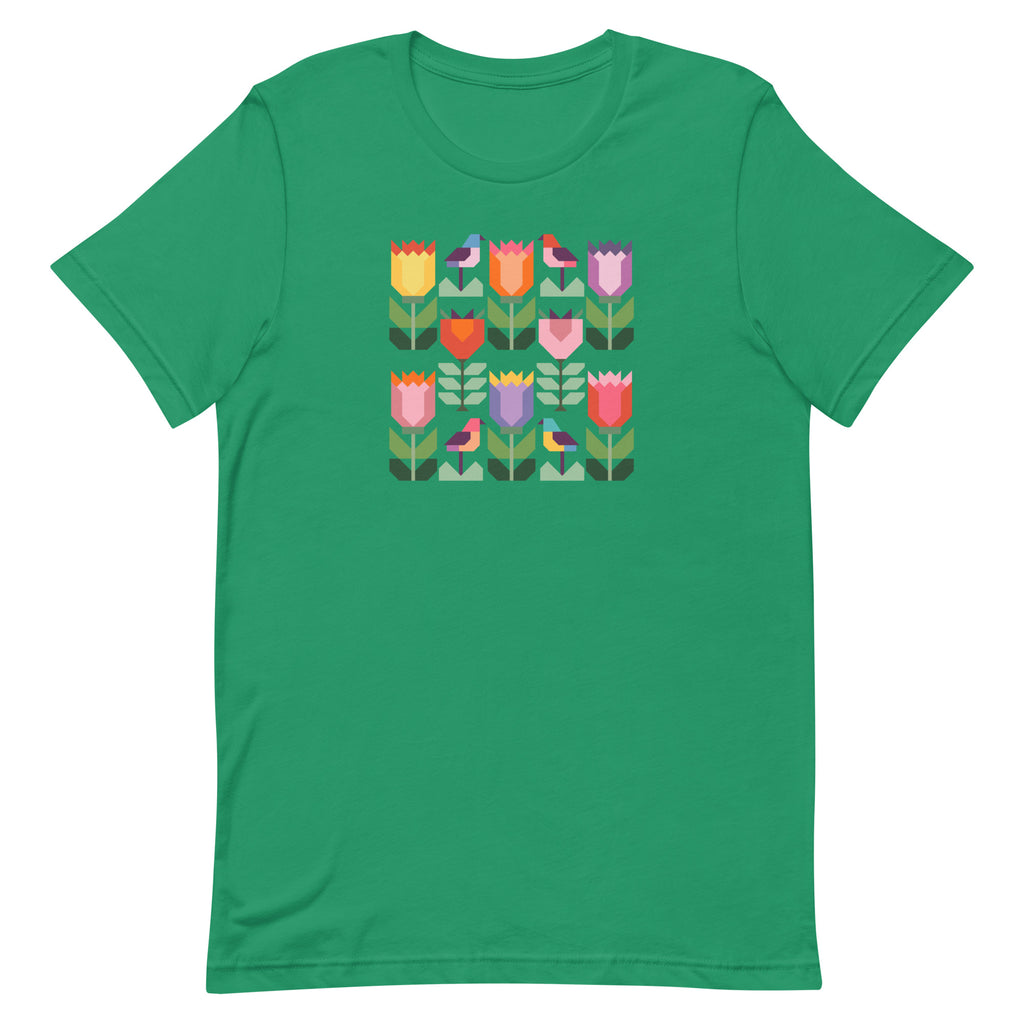 Birds + Blooms patchwork tulips and birds on a t-shirt in kelly green, front view – Kate Spain design for Pat Sloan