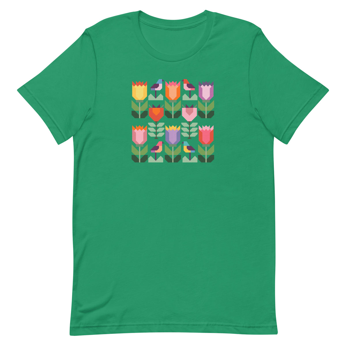 Birds + Blooms patchwork tulips and birds on a t-shirt in kelly green, front view – Kate Spain design for Pat Sloan