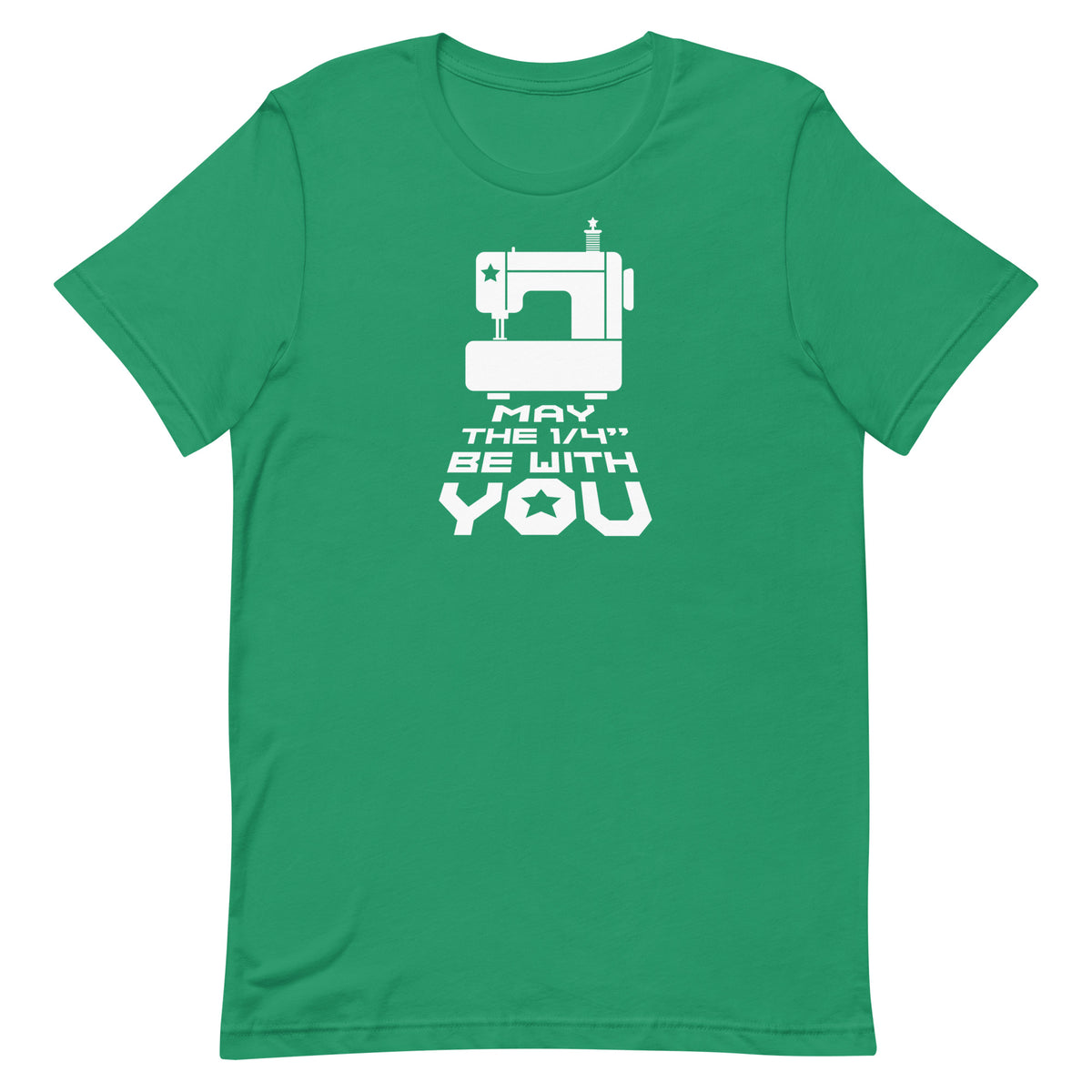 May the ¼" Be With You white sewing machine graphic on a staple t-shirt in kelly green, front view – Kate Spain design for Pat Sloan