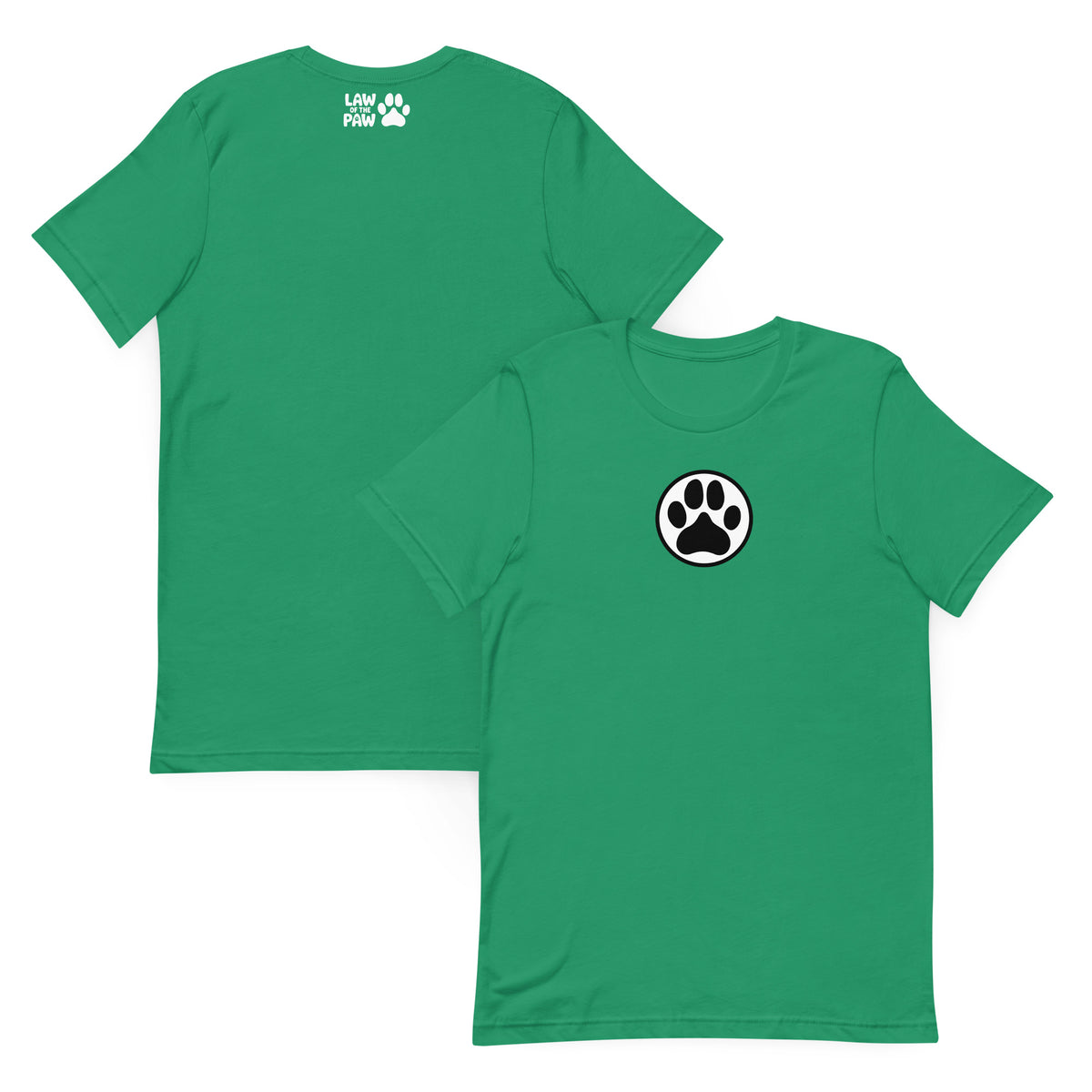 Law of the Paw® dog paw print on a t-shirt in kelly green, front and back view – Kate Spain design