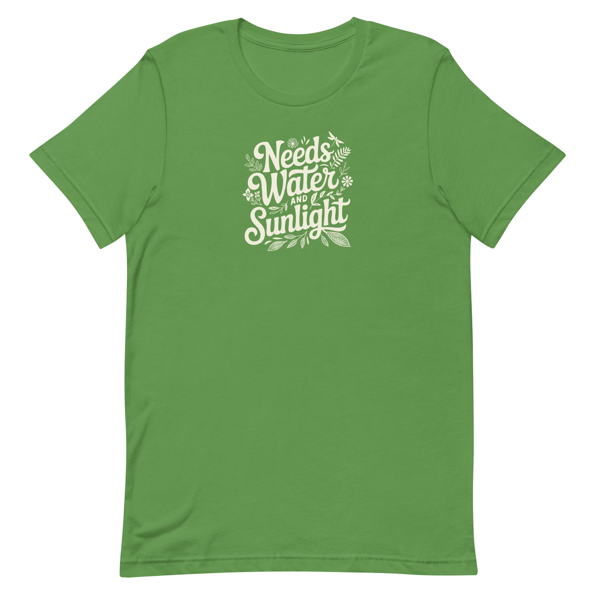 Needs Water + Sunlight hand lettering with leaf and sun accents on a t-shirt in leaf green, front view – Kate Spain design