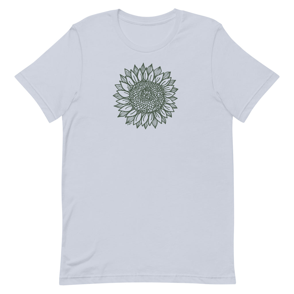 Green botanical line-art sunflower drawn from life on a crewneck t-shirt in light blue, front view – Sunflower by Kate Spain