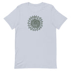 Green botanical line-art sunflower drawn from life on a crewneck t-shirt in light blue, front view – Sunflower by Kate Spain