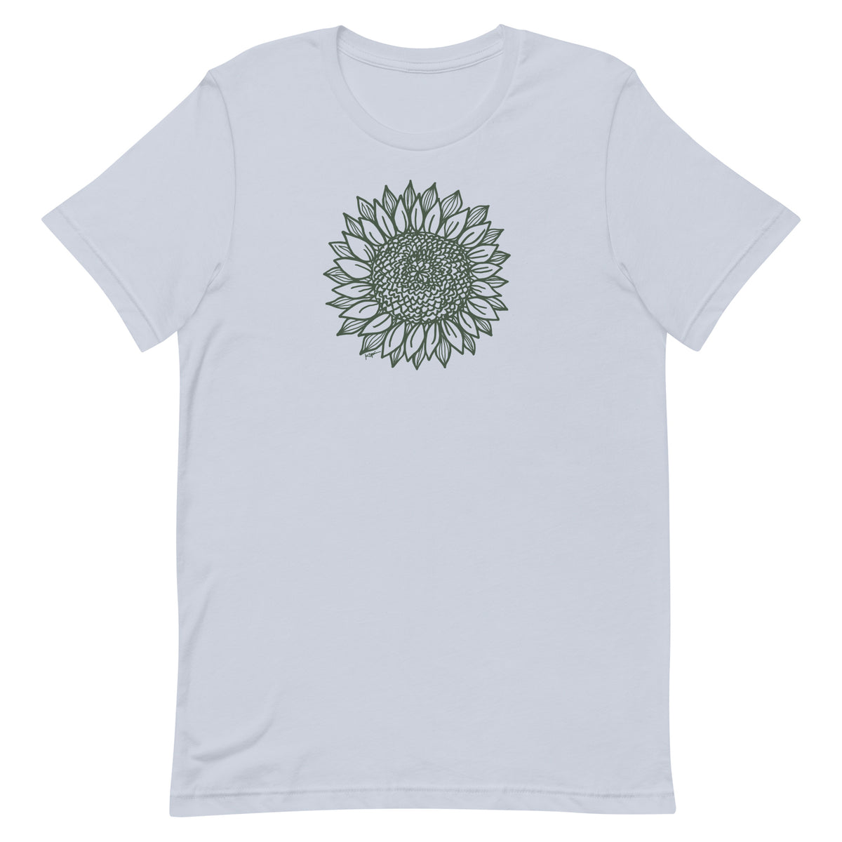 Green botanical line-art sunflower drawn from life on a crewneck t-shirt in light blue, front view – Sunflower by Kate Spain