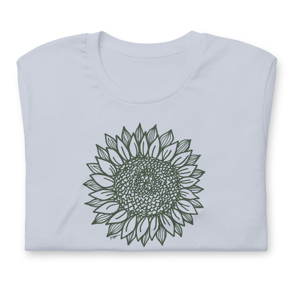 Green botanical line-art sunflower drawn from life on a crewneck t-shirt in light blue, folded close-up of the design – Sunflower by Kate Spain