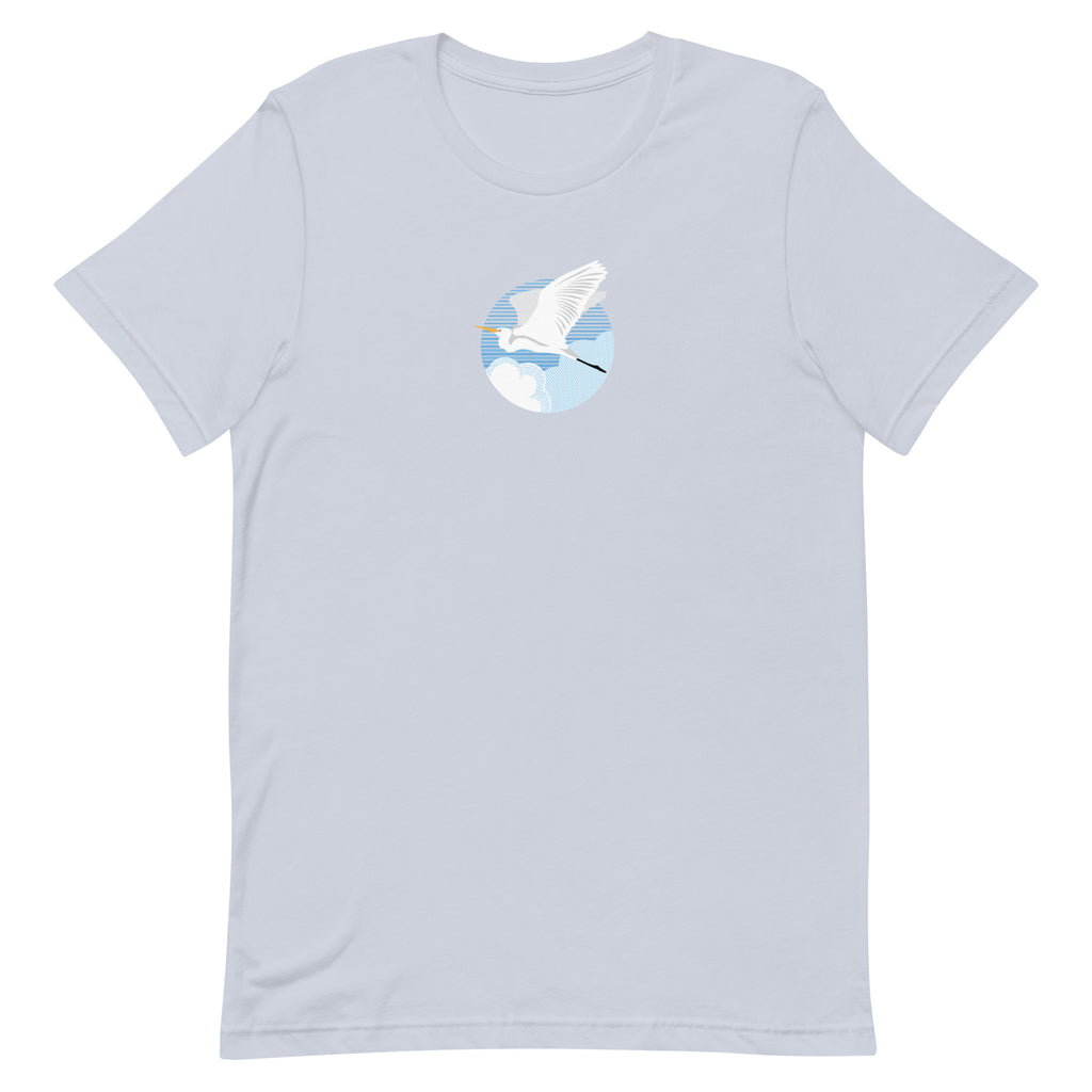 Great egret in flight against a blue circle on a t-shirt in light blue, front view – Kate Spain design