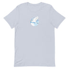 Great egret in flight against a blue circle on a t-shirt in light blue, front view – Kate Spain design
