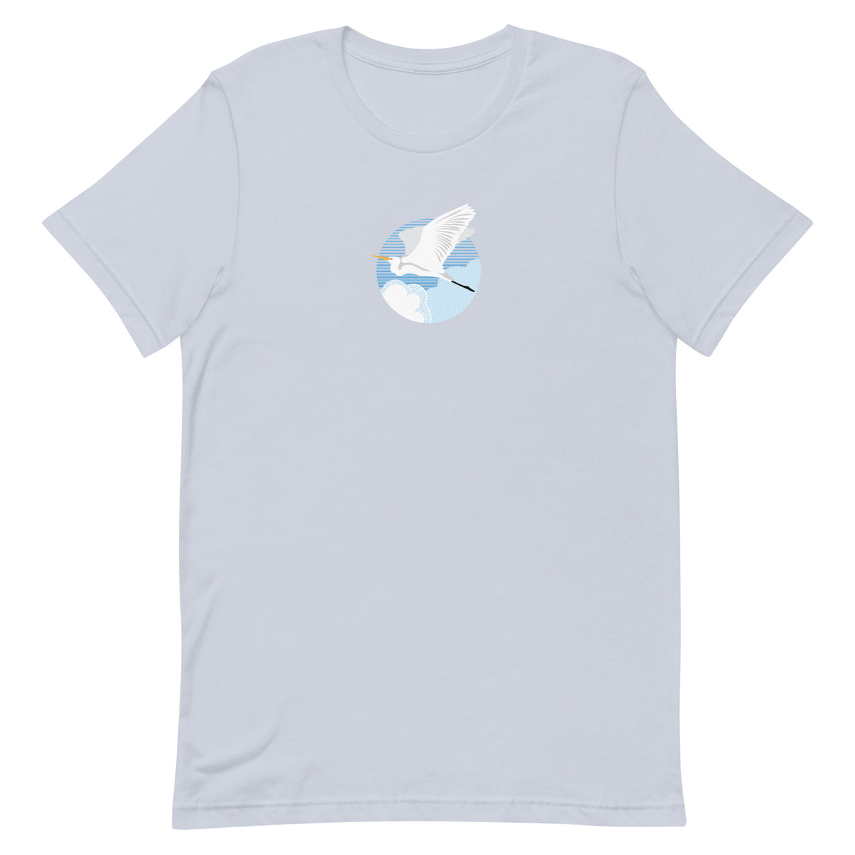 Great egret in flight against a blue circle on a t-shirt in light blue, front view – Kate Spain design