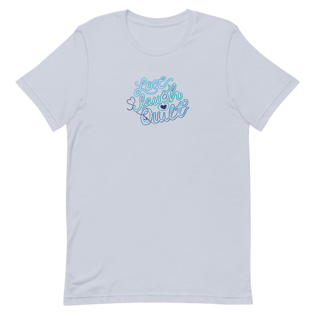 Love Laugh Quilt hand-lettered quilting design on a t-shirt in light blue, front view – Kate Spain design