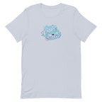 Love Laugh Quilt hand-lettered quilting design on a t-shirt in light blue, front view – Kate Spain design