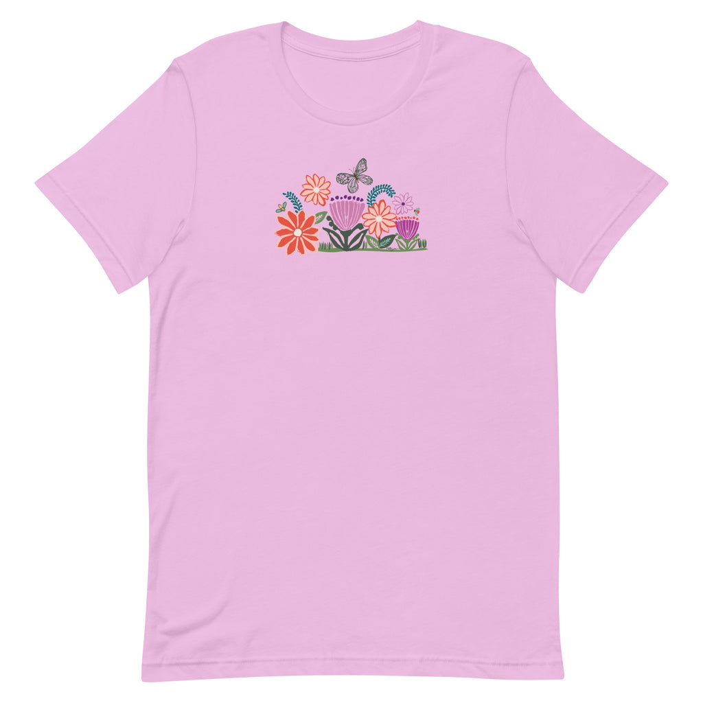 Bloom woodblock-style flowers with a butterfly, ladybug and bee on a t-shirt in lilac, front view – Kate Spain design