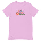 Bloom woodblock-style flowers with a butterfly, ladybug and bee on a t-shirt in lilac, front view – Kate Spain design