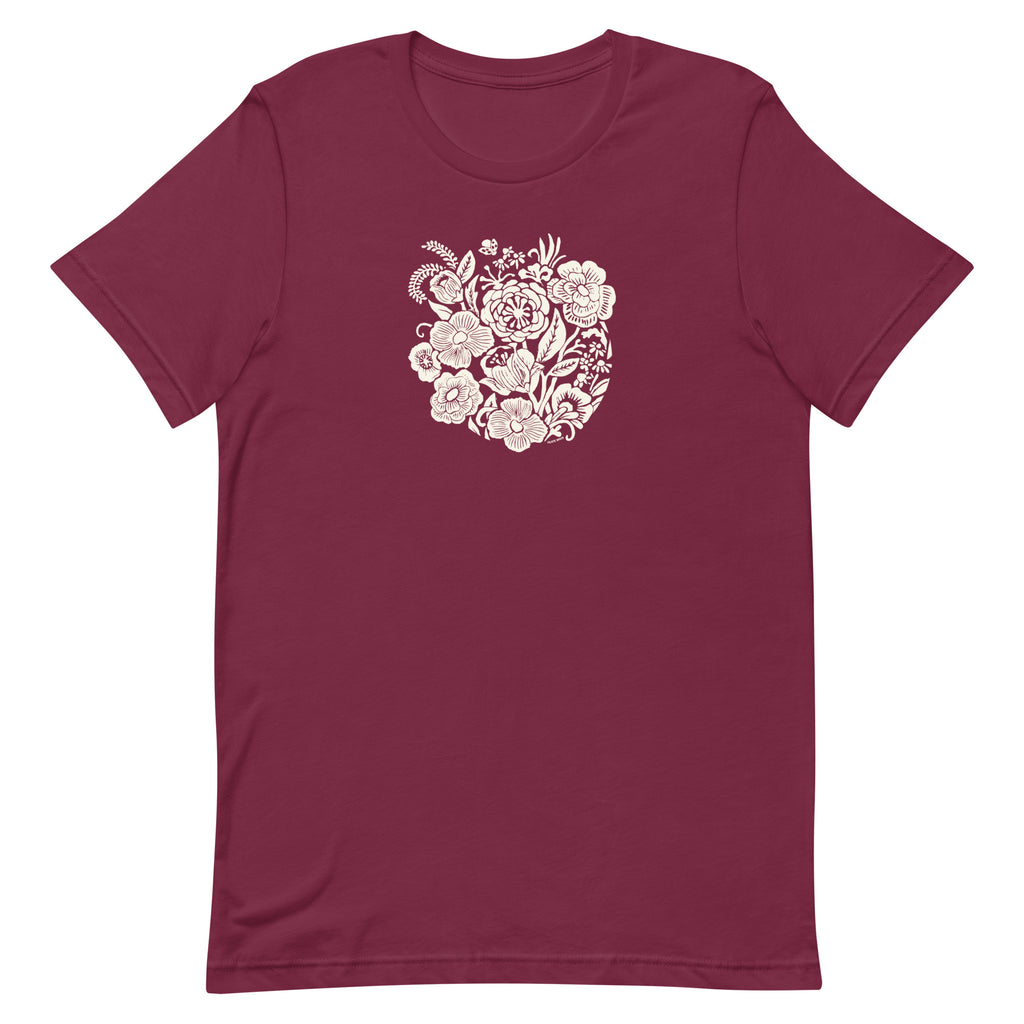 Meadowsweet woodblock-style bouquet of wildflowers on a t-shirt in maroon, front view – Kate Spain design