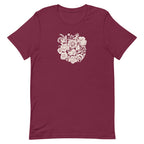 Meadowsweet woodblock-style bouquet of wildflowers on a t-shirt in maroon, front view – Kate Spain design