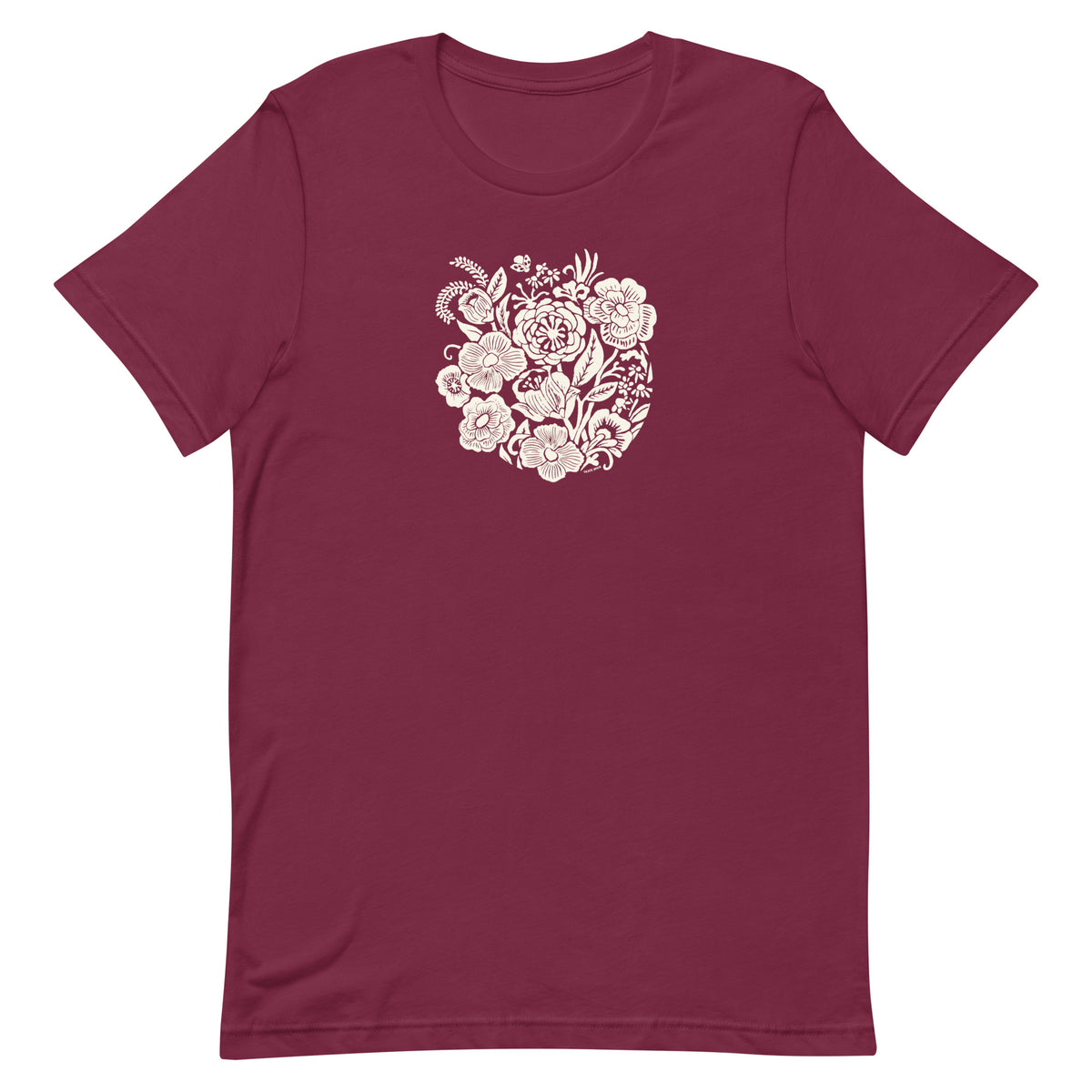Meadowsweet woodblock-style bouquet of wildflowers on a t-shirt in maroon, front view – Kate Spain design