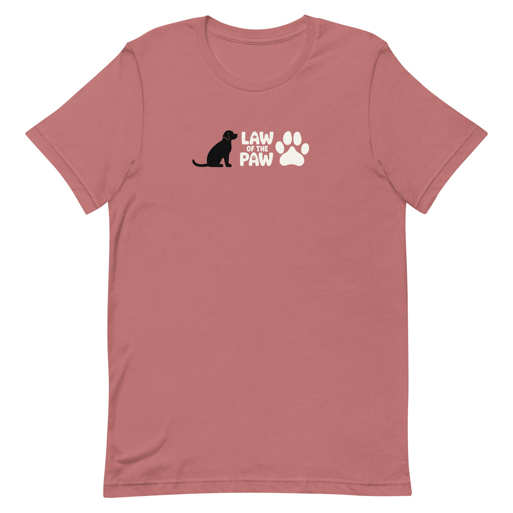 Law of the Paw® logo with seated dog and paw print on a t-shirt in mauve, front view – Kate Spain design