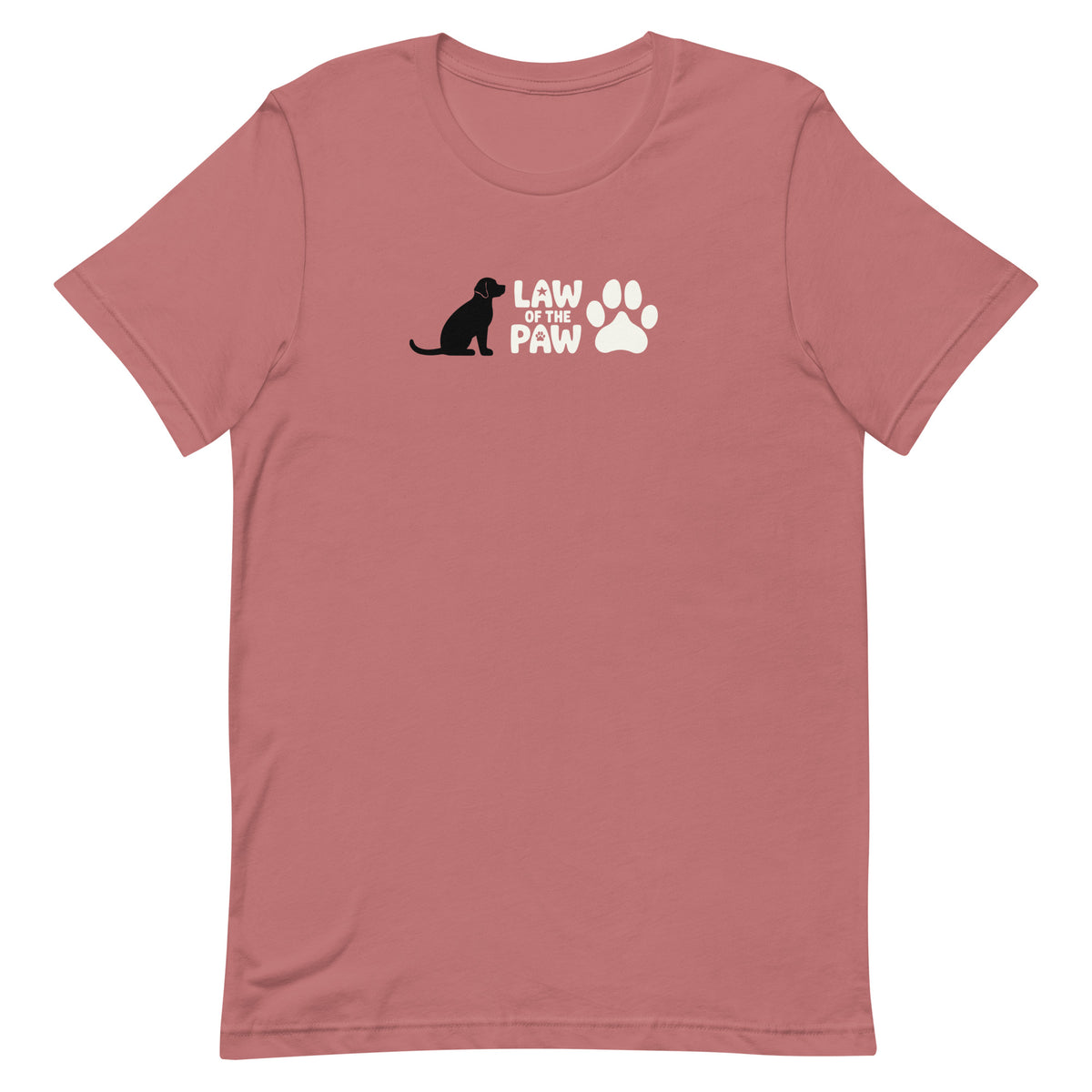 Law of the Paw® logo with seated dog and paw print on a t-shirt in mauve, front view – Kate Spain design