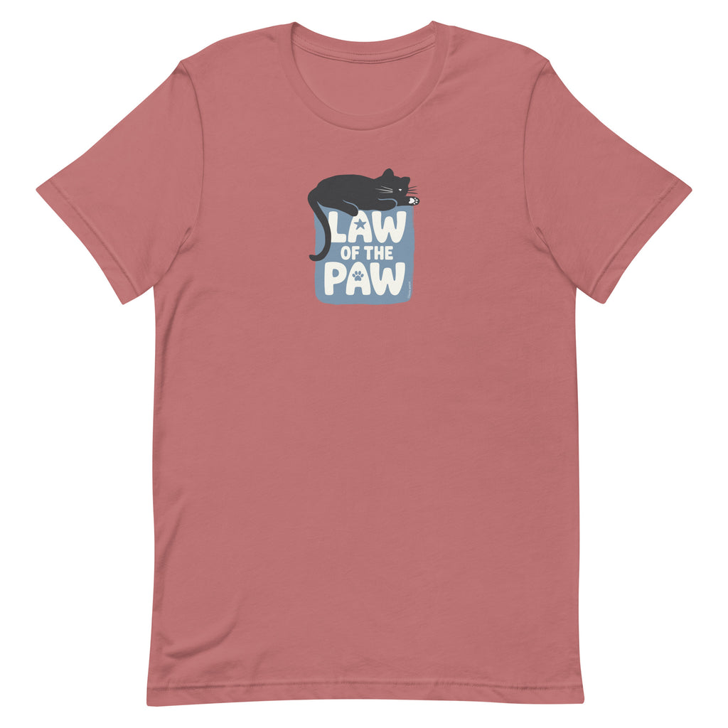 Law of the Paw® design with a cat napping on the logo on a t-shirt in mauve, front view – Kate Spain design
