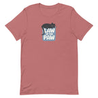 Law of the Paw® design with a cat napping on the logo on a t-shirt in mauve, front view – Kate Spain design