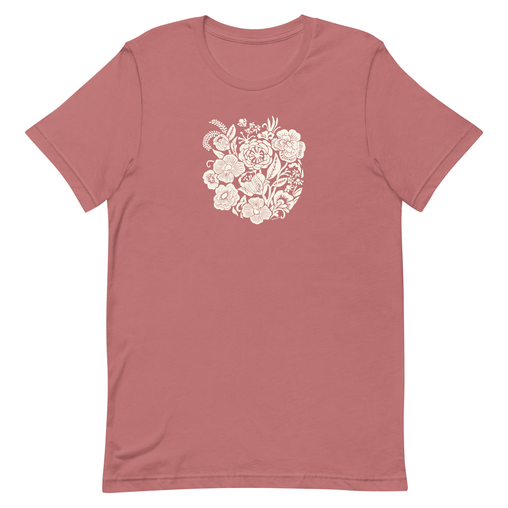 Meadowsweet woodblock-style bouquet of wildflowers on a t-shirt in mauve, front view – Kate Spain design