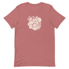 Meadowsweet woodblock-style bouquet of wildflowers on a t-shirt in mauve, front view – Kate Spain design