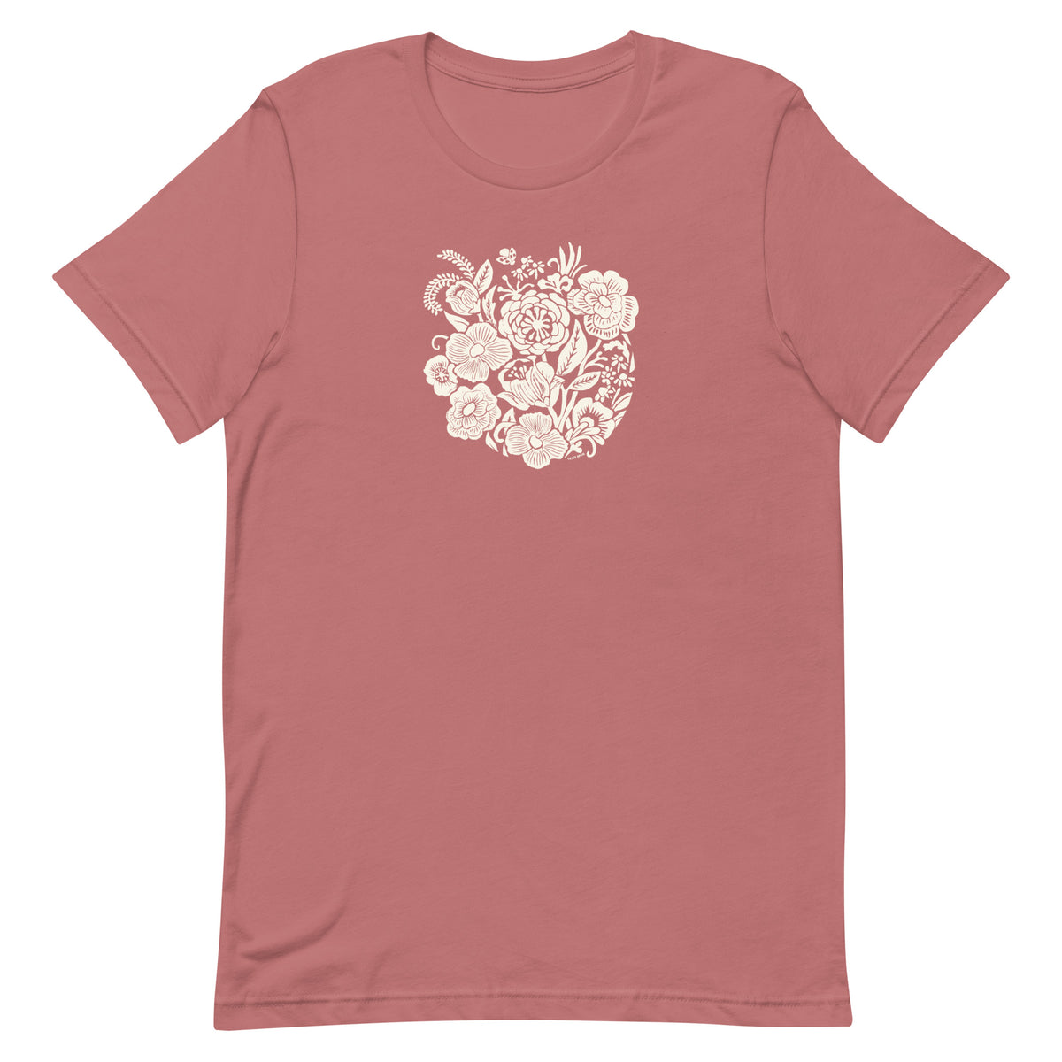 Meadowsweet woodblock-style bouquet of wildflowers on a t-shirt in mauve, front view – Kate Spain design