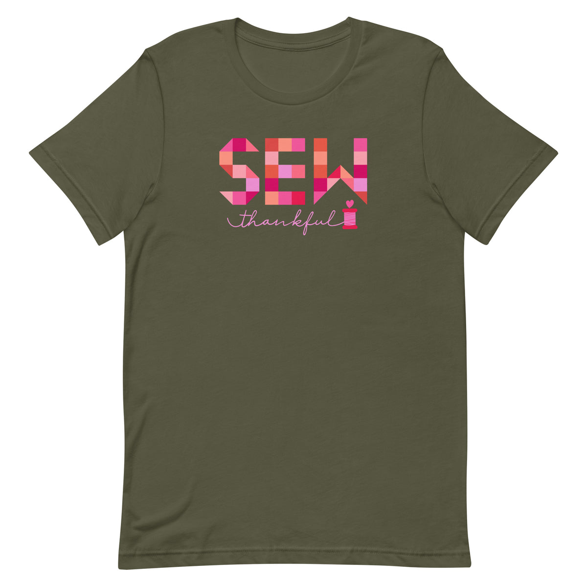 Sew Thankful patchwork lettering with a heart-topped thread spool on a t-shirt in military green, front view – Kate Spain design for Pat Sloan