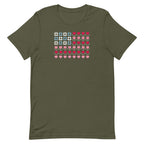 United We Quilt patchwork flag with quilt-block stars and heart stripes on a t-shirt in military green, front view – Kate Spain design for Pat Sloan