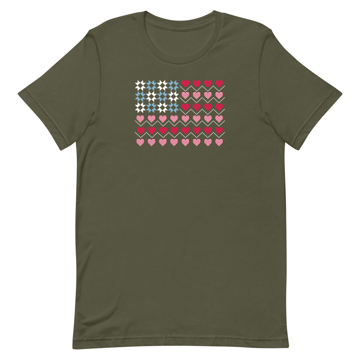 United We Quilt patchwork flag with quilt-block stars and heart stripes on a t-shirt in military green, front view – Kate Spain design for Pat Sloan