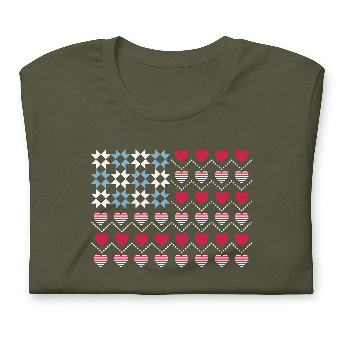 United We Quilt patchwork flag with quilt-block stars and heart stripes on a t-shirt in military green, folded close-up of the design – Kate Spain design for Pat Sloan