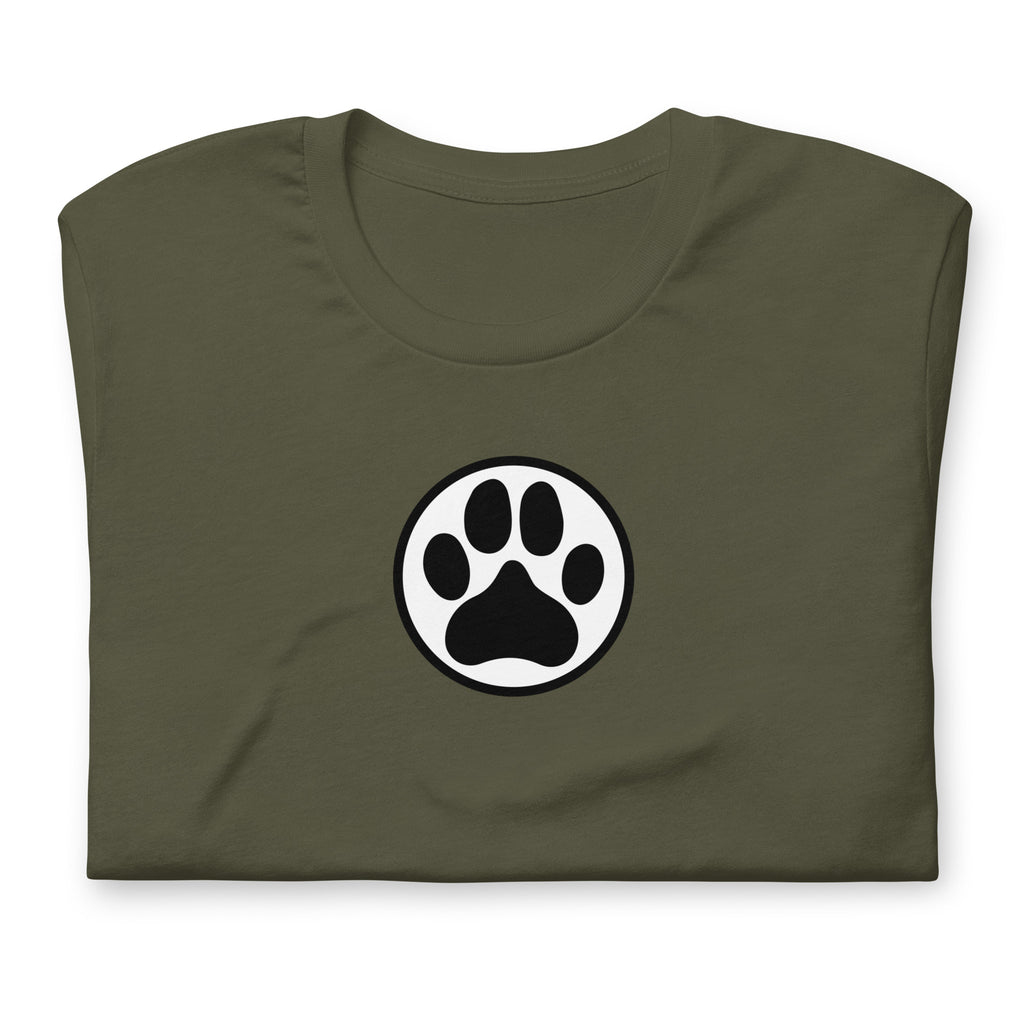 Law of the Paw® dog paw print on a t-shirt in military green, folded close-up of the design – Kate Spain design