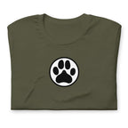 Law of the Paw® dog paw print on a t-shirt in military green, folded close-up of the design – Kate Spain design