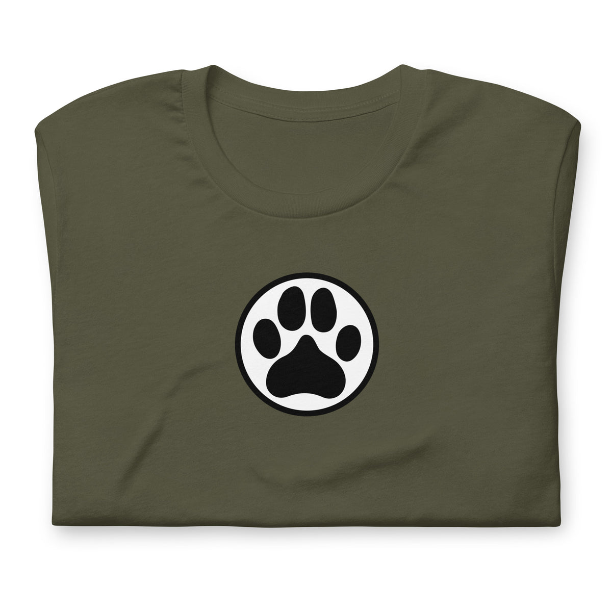 Law of the Paw® dog paw print on a t-shirt in military green, folded close-up of the design – Kate Spain design